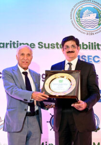 Sindh Chief Minister Syed Murad Ali Shah, Federal Minister for Maritime Affairs Qaiser Ahmed Sheikh, Secretary General International Maritime Organization Arsenio Antonio and other officials inaugurate the International Maritime Sustainability Exhibition & Conference Pakistan-IMSEC 2024 with a ribbon-cutting ceremony at a local hotel.