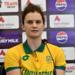 South Africa Women team Captain Laura Wolvaardt talking to media persons before practice session for the upcoming three T20 series against Pakistan Women cricket team at Multan Cricket Stadium