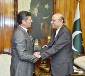 The outgoing Ambassador of Uzbekistan, Mr. Oybek Usmanov, meeting President Asif Ali Zardari, at Aiwan-e-Sadr.