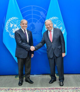 Prime Minister Muhammad Shehbaz Sharif meets with Secretary General of the United Nations Antonio Guetrres on the sidelines of 79th session of United Nations General Assembly.