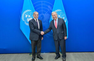Prime Minister Muhammad Shehbaz Sharif meets with Secretary General of the United Nations Antonio Guetrres on the sidelines of 79th session of United Nations General Assembly.