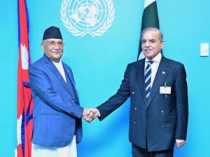 Prime Minister Muhammad Shehbaz Sharif meets with the Prime Minister of Nepal H.E. K.P. Sharma Oli on the sidelines of 79th session of the United Nations General Assembly.