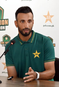 Pakistan's cricket captain, Shan Masood, addresses the media during a press conference at the National Stadium in Karachi, sharing his thoughts ahead of the highly anticipated cricket Test series against England.