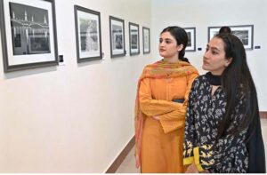 Art lovers inspect the exhibition with interest during the opening ceremony of Muhammad Azaz Hafeez's photo exhibition and book launch of 'Black and White Grey' at PNCA.