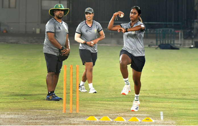 Players of South Africa Women cricket team participating in a net practice session for the upcoming three T20 series against Pakistan Women cricket team at Multan Cricket Stadium