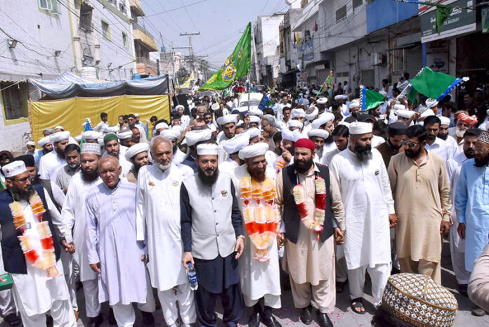 Religious clerics along with large number of people participate in the annual Milad-ul-Nabi procession organized by the Central Milad Committee