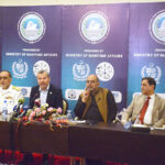 Secretary General of International Maritime Organization (IMO) Arsenio Dominguez answering the questions of journalists during a press briefing on the conclusion of International Maritime Sustainability Exhibition and Conference Pakistan 2024 at a local hotel