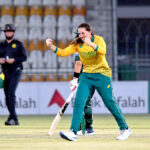 Bowler of South Africa Women team celebrates the wicket of Pakistan Women team during second T20 International Cricket match playing at Multan Cricket Stadium