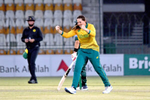 Bowler of South Africa Women team celebrates the wicket of Pakistan Women team during second T20 International Cricket match playing at Multan Cricket Stadium
