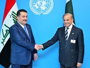 Prime Minister Muhammad Shehbaz Sharif meets with Prime Minister of Iraq Mr. Mohammed Shia's Al Sudani on the sidelines of 79th session of the United Nations General Assembly.