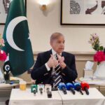 Prime Minister Muhammad Shehbaz Sharif addresses a news conference