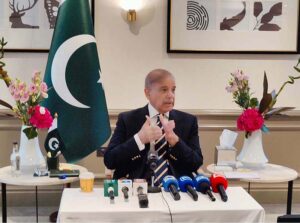 Prime Minister Muhammad Shehbaz Sharif addresses a news conference