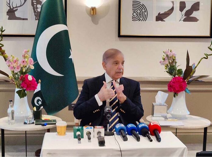 Prime Minister Muhammad Shehbaz Sharif addresses a news conference