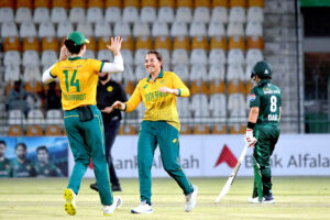 Bowler of South Africa Women team celebrates the wicket of Pakistan Women team during second T20 International Cricket match playing at Multan Cricket Stadium