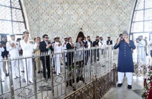 Governor Sindh, Kamran Khan Mustafa, addressing to media at the mausoleum of Quaid -e-Azam Muhammad Ali Jinnah on the occasion of Pakistan Defense Day.