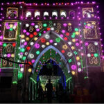 An illuminated view of Bhaati Gate at old city decorated with colorful lights in connection with Eid Milad-un-Nabi (SAWW) Celebrations