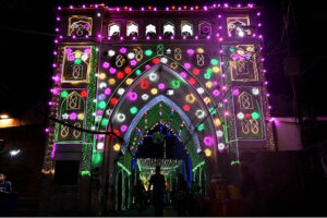 An illuminated view of Bhaati Gate at old city decorated with colorful lights in connection with Eid Milad-un-Nabi (SAWW) Celebrations