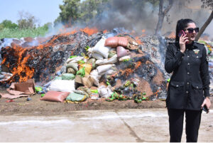 An official of Collectorate of Customs supervising to burn drugs, firecrackers and smuggled goods at site area.