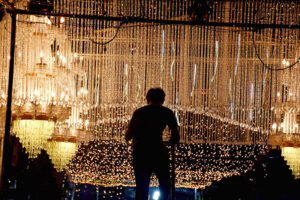 An illuminated view of Bhaati Gate at old city decorated with colorful lights in connection with Eid Milad-un-Nabi (SAWW) Celebrations