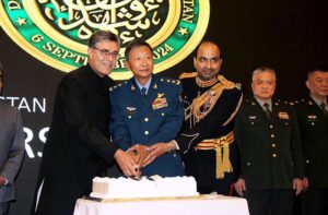 Ambassador of Pakistan to China H.E. Khalil Hashmi with Air Marshal Jia Zhigang, Deputy Commander Peoples Liberation Army (Air Force) of China cutting the cake at a solemn ceremony commemorating Defence & Martyrs Day honoring the bravery and sacrifices of the Pakistan Armed Forces.