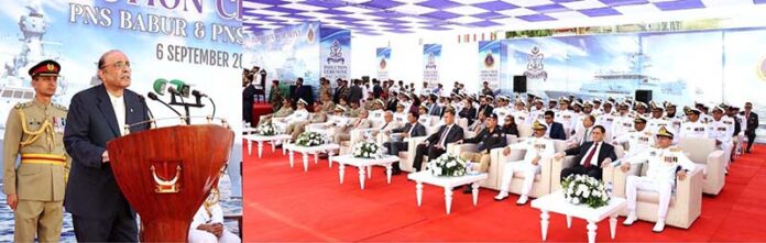 President Asif Ali Zardari addressing the induction ceremony of Pakistan Navy Ships Babur and Hunain at Pakistan Navy Dockyard