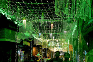 An illuminated view of Bhaati Gate at old city decorated with colorful lights in connection with Eid Milad-un-Nabi (SAWW) Celebrations