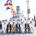 President Asif Ali Zardari in a group photo with senior military officials and crew of Pakistan Navy Ship Babur during its induction ceremony