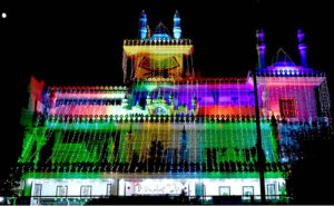 An illuminated view of Jamia Masjid Babul Islam decorated with colorful lights in connection with Eid Milad-un-Nabi(SAWW) Celebrations