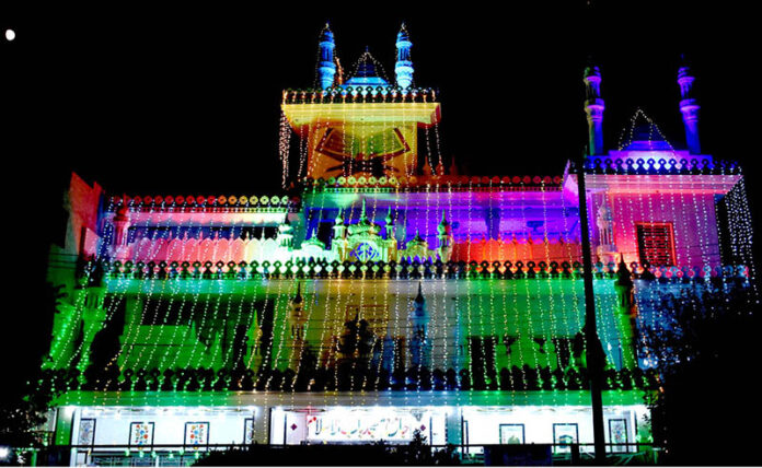 An illuminated view of Jamia Masjid Babul Islam decorated with colorful lights in connection with Eid Milad-un-Nabi(SAWW) Celebrations