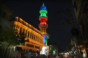 An illuminated view of Sarfraz Mosque decorated with colorful lights at Sarfraz Chari in connection with upcoming Eid-e-Milad-un-Nabi (SAWW) celebrations.
