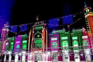 An illuminated view of Jamia Masjid Babul Islam decorated with colorful lights in connection with Eid Milad-un-Nabi(SAWW) Celebrations