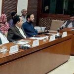 Senator Hidayatullah Khan, presiding over a meeting of the senate standing committee on narcotics control after being elected as chairman of the committee at Parliament House
