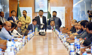 Executive Director of the National Vocational and Technical Training Commission (NAVTTC) Mohammed Aamir Jan chairing a meeting with TVET Institute under PM's Youth Skill Development Programme at FPCCI here on Monday. NAVTTC Sindh Director General (DG) Aziz Chandio is also seen in the picture.