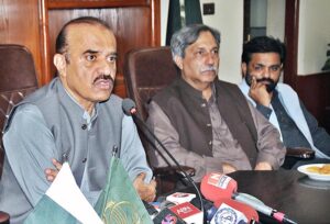 Chairman Chief Minister Directorate of Evaluation Inspection and Monitoring Unit Brigadier (Retd) Babar Ala ud Din addressing a press conference at Circuit house.