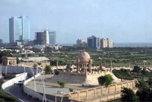 A view of the historic Katrak Bandstand Pavilion, with Jehangir Kothari Parade visible on the left, at Bagh Ibne Qasim Park near Clifton Beach in the provincial capital.