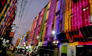 An illuminated view of Sarfraz Mosque decorated with colorful lights at Sarfraz Chari in connection with upcoming Eid-e-Milad-un-Nabi (SAWW) celebrations.
