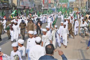 A large number of Madarsa students participating in Eid Milad ul Nabi (SAW) rally on 12th Rabi-ul-Awwal, the Birthday Ceremony of the Holy Prophet Hazrat Muhammad (P.B.U.H) organized by Markazi Jamat Ahlesunnat