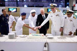 Chief Guest His Excellency General Salem Saeed Al Jabri, UAE’s Assistant Foreign Minister for Military & Security Affairs, H.E. Ambassador Faisal Niaz Tirmizi, Commodore Shahid Wasif SI (M), Mission Commander, Pakistan Navy and Brigadier Abdullah Al Mohairbi, Deputy Commander UAE Navy at the cake cutting ceremony held in connection with Pakistan Defense Day in Abu Dhabi.