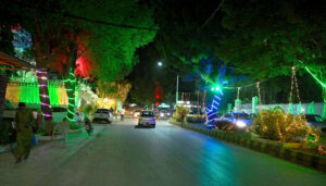 An illuminated view of Sarfraz Mosque decorated with colorful lights at Sarfraz Chari in connection with upcoming Eid-e-Milad-un-Nabi (SAWW) celebrations.