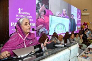 Sindh Minister for Health and Population Welfare Department Dr. Azra Fazal Pechuho addressing during the first SMBBMU International Conference on Family Planning " Way Forward For A Sustainable World" at Chandka Medical College auditorium Hall.