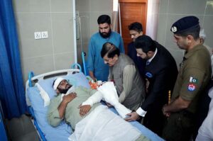 Parliamentary Secretary for Information and Broadcasting Barrister Danyal Chaudhry talking to media after visited Asfandyar Bukhari District Hospital to inquire after the police personnels injured during the protest of a political party.