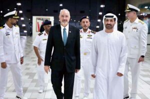 Chief Guest His Excellency General Salem Saeed Al Jabri, UAE’s Assistant Foreign Minister for Military & Security Affairs, H.E. Ambassador Faisal Niaz Tirmizi, Commodore Shahid Wasif SI (M), Mission Commander, Pakistan Navy and Brigadier Abdullah Al Mohairbi, Deputy Commander UAE Navy at the cake cutting ceremony held in connection with Pakistan Defense Day in Abu Dhabi.
