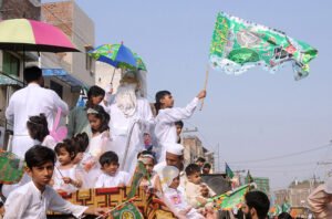 A large number of Madarsa students participating in Eid Milad ul Nabi (SAW) rally on 12th Rabi-ul-Awwal, the Birthday Ceremony of the Holy Prophet Hazrat Muhammad (P.B.U.H) organized by Markazi Jamat Ahlesunnat