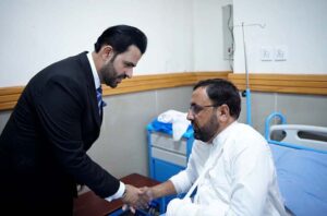 Parliamentary Secretary for Information and Broadcasting Barrister Danyal Chaudhry talking to media after visited Asfandyar Bukhari District Hospital to inquire after the police personnels injured during the protest of a political party.