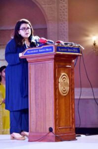 Minister of State for IT and Telecommunication Ms. Shaza Fatima Khawaja addressing launching ceremony of 'Digital Sahafat Program'.
