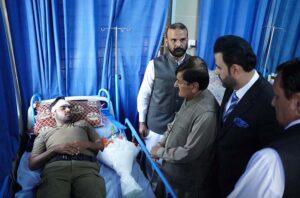Parliamentary Secretary for Information and Broadcasting Barrister Danyal Chaudhry talking to media after visited Asfandyar Bukhari District Hospital to inquire after the police personnels injured during the protest of a political party.