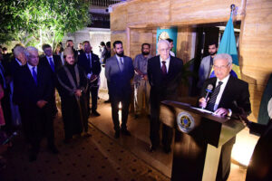 Federal Minister for Maritime Affairs Qaiser Ahmed Sheikh is interacting with Brazilian Ambassador Olyntho Vieira in an event to celebrate the Independence Day of Brazil.