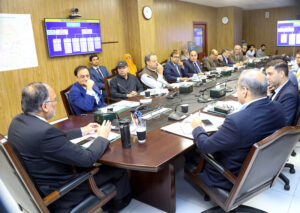 Federal Minister for Planning, Development, and Special Initiatives, Ahsan Iqbal, presides over a review meeting on the progress of the Diamer Basha Dam project.
