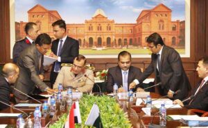 Maj. Gen. Amer Ashfaq Kayani, Acting Secretary Defence and Maj. Gen. Abdel Rehman Abdel Rehman Mahmoud Wahdan, Egyptian Asst Head of the Armed Forces Operations Authority for Civil & Military Coordination, signing the Minutes of the Meeting (MoM) of 14 Pak-Egypt MCC Meeting at Ministry of Defence.