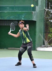 Tennis player Ushna Suhail in action in final of ladies singles during Khawar Hayat Memorial National Ranking Tennis Championship 2024 at PTF Tennis Complex.